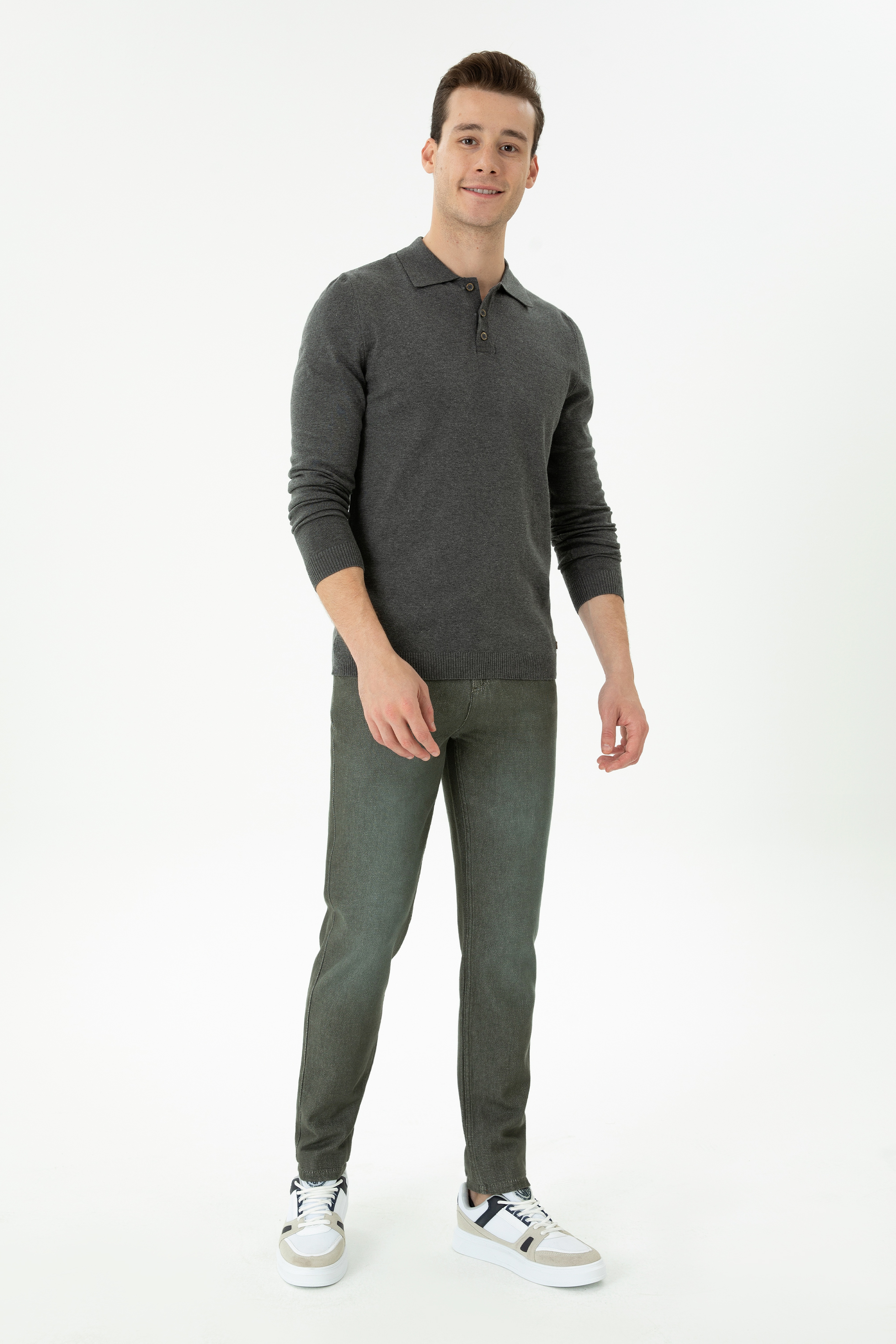 Erkek Slim Fit Antrasit Melanj Polo Yaka Kazak