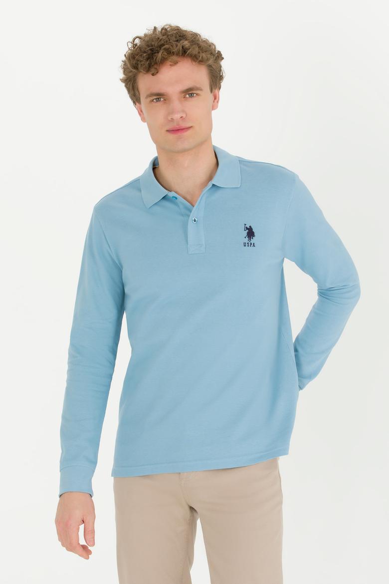 Erkek Mavi Polo Yaka Basic Sweatshirt