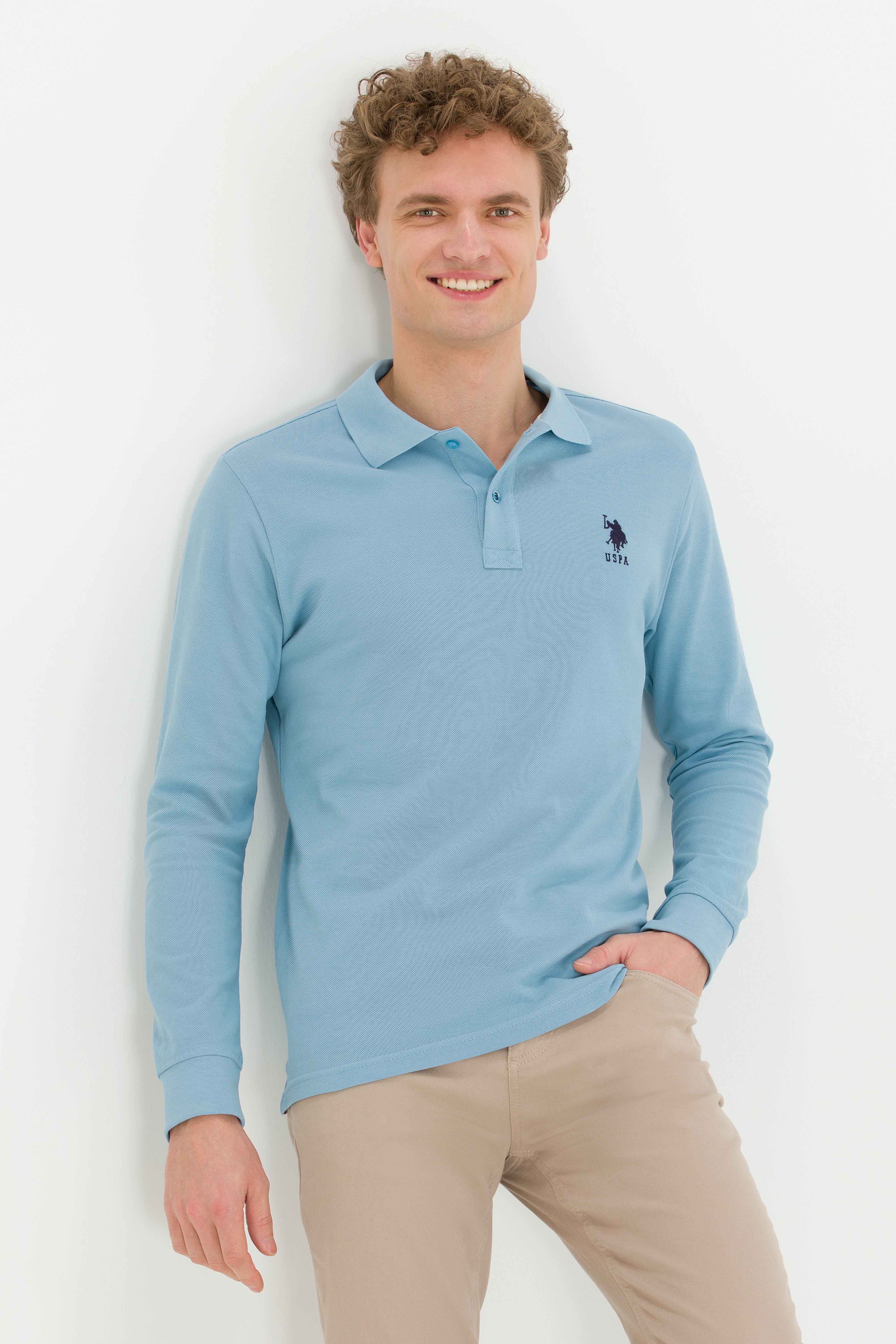 Erkek Mavi Polo Yaka Basic Sweatshirt - Image 3