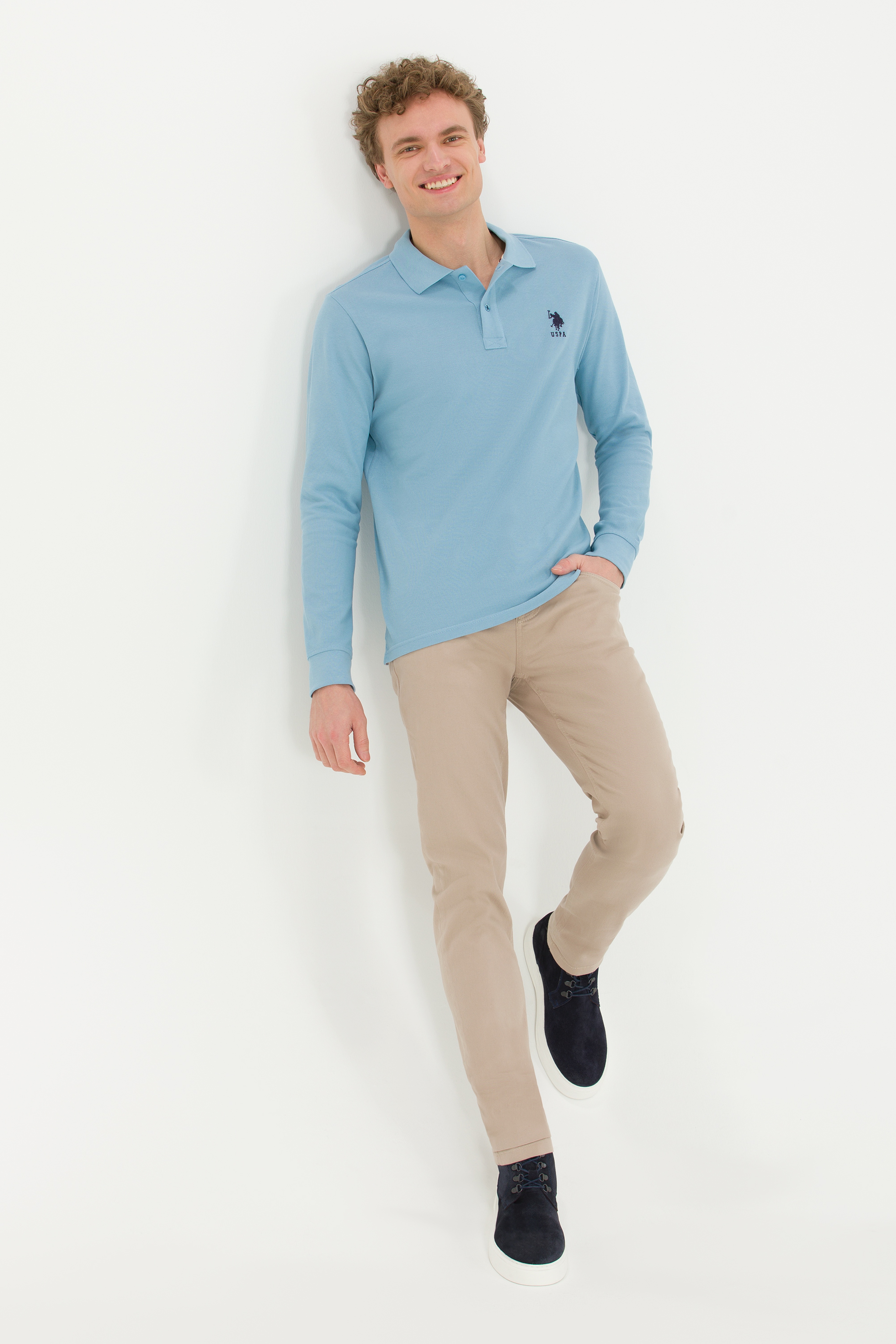 Erkek Mavi Polo Yaka Basic Sweatshirt - Image 4