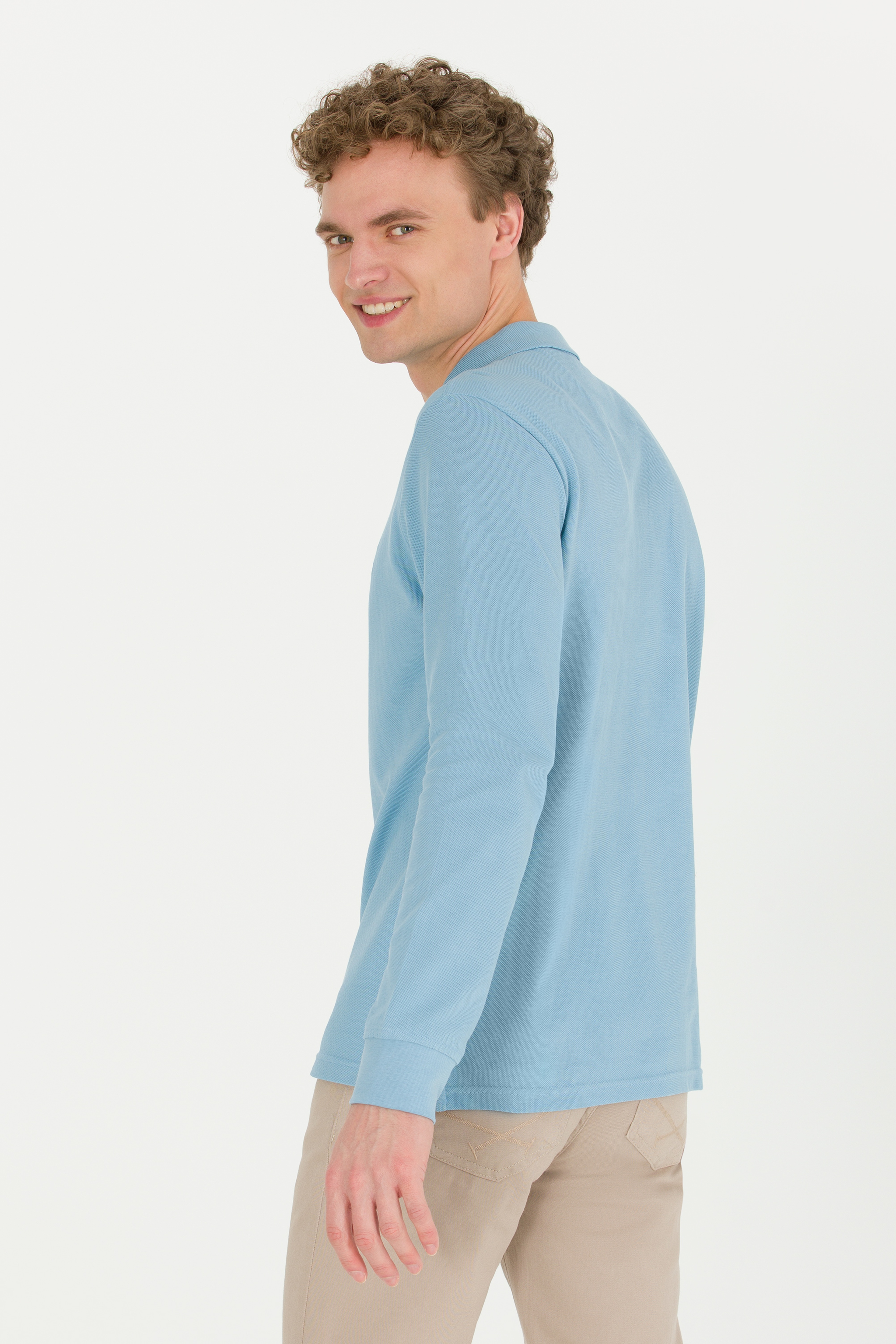 Erkek Mavi Polo Yaka Basic Sweatshirt - Image 5