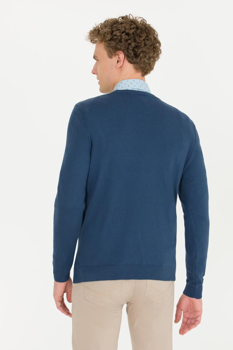 Erkek İndigo V Yaka Basic Triko Kazak - 50253445118