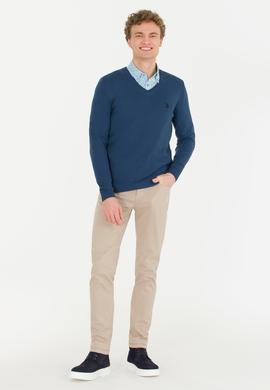 Erkek İndigo V Yaka Basic Triko Kazak - 50253445118