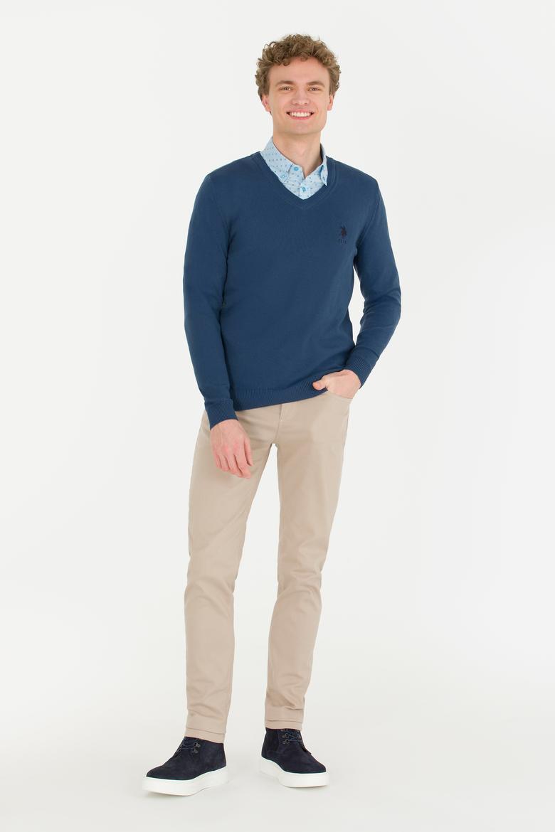 Erkek İndigo V Yaka Basic Triko Kazak - 50253445118