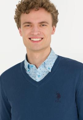 Erkek İndigo V Yaka Basic Triko Kazak - 50253445118