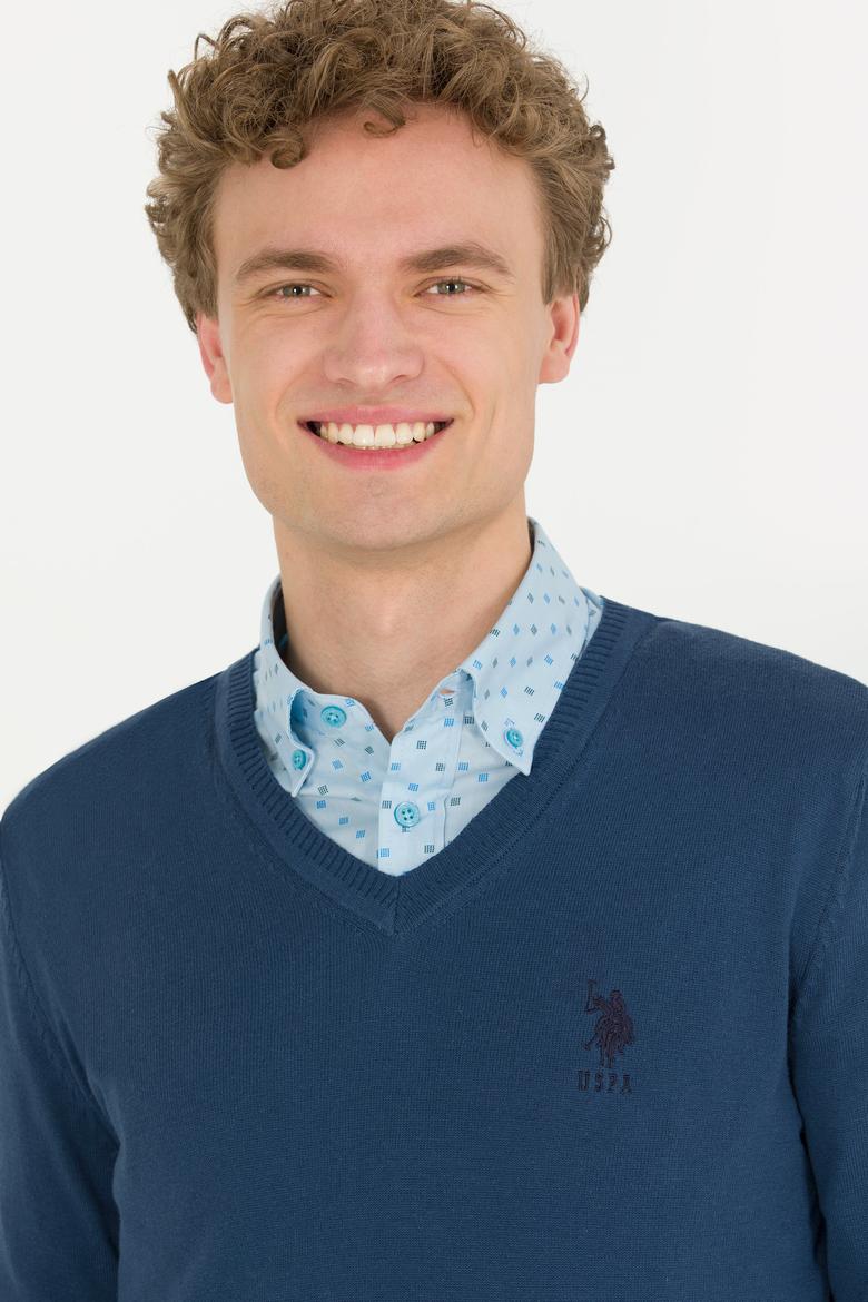 Erkek İndigo V Yaka Basic Triko Kazak - 50253445118