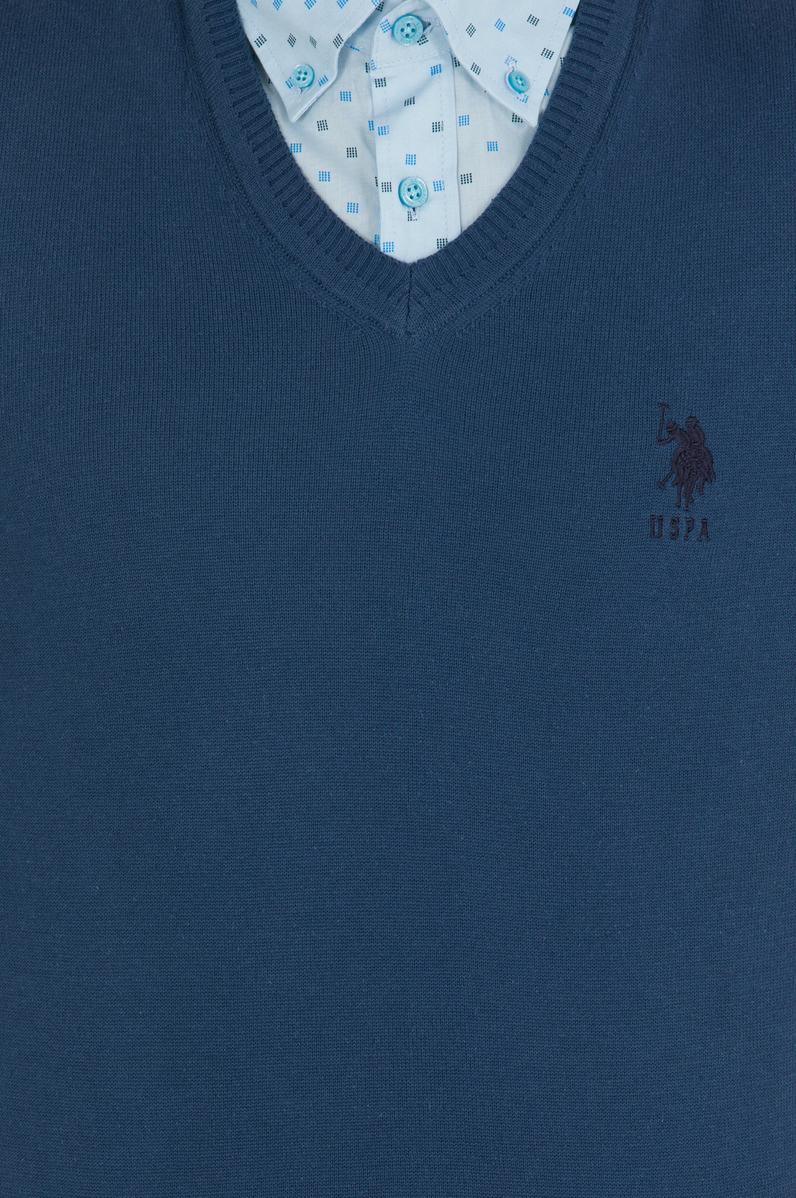 Erkek İndigo V Yaka Basic Triko Kazak