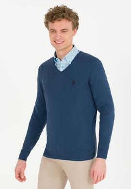 Erkek İndigo V Yaka Basic Triko Kazak - 50253445118