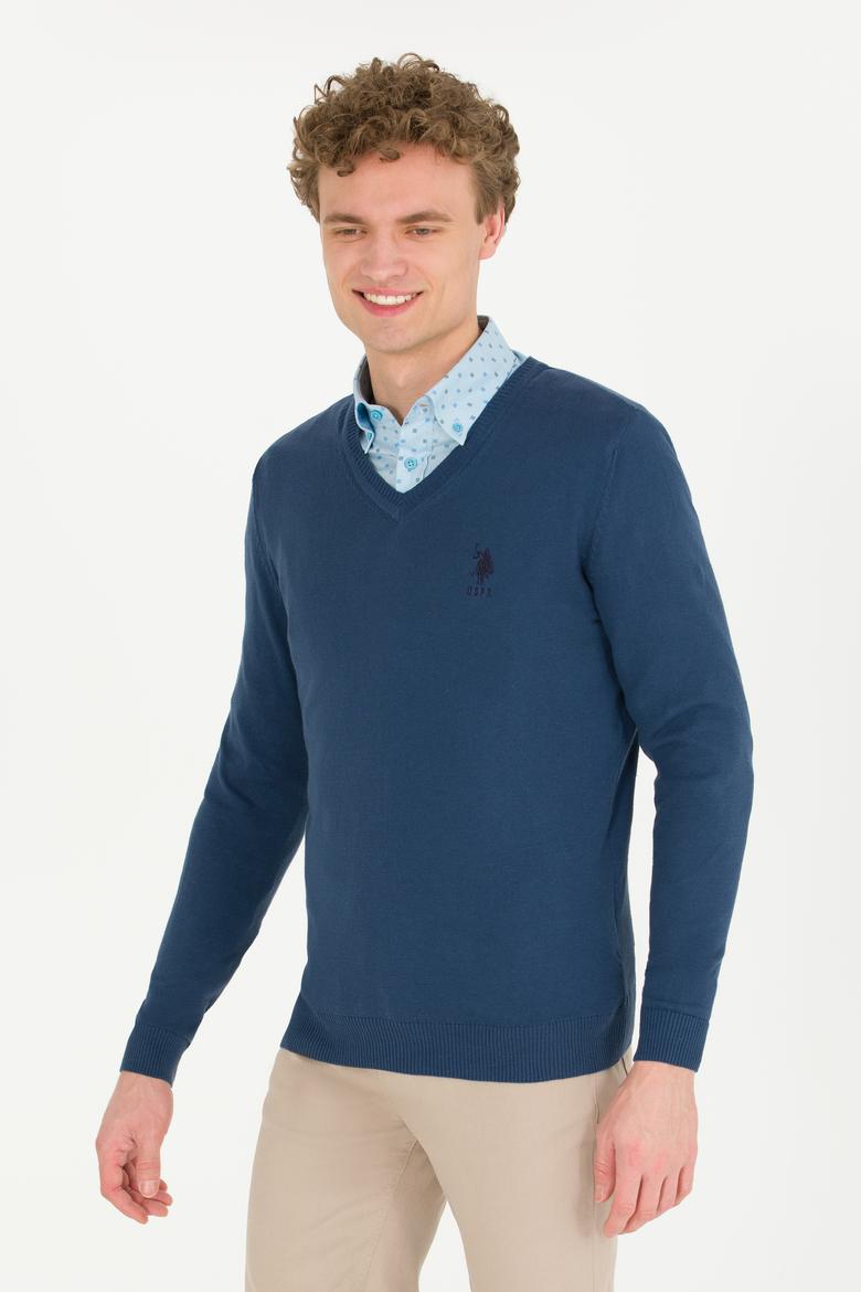 Erkek İndigo V Yaka Basic Triko Kazak - 50253445118