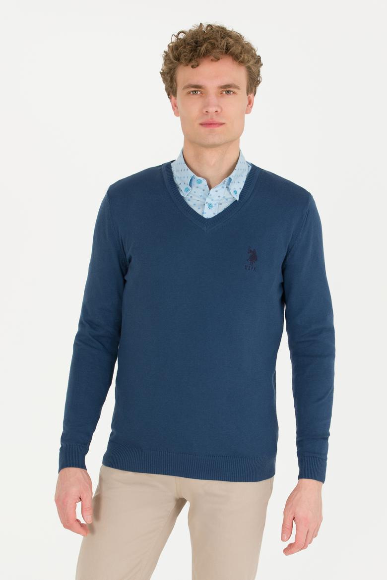 Erkek İndigo V Yaka Basic Triko Kazak