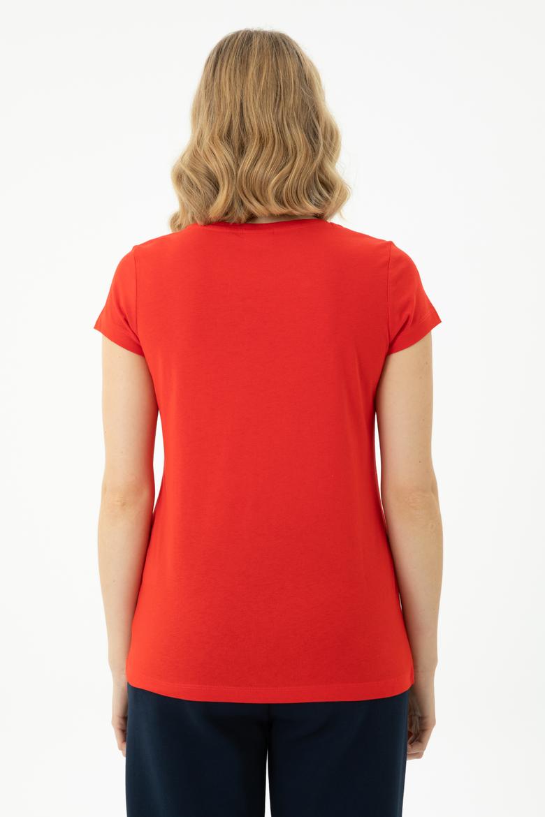 Kadın Kırmızı Basic Bisiklet Yaka Tişört - 50262670149