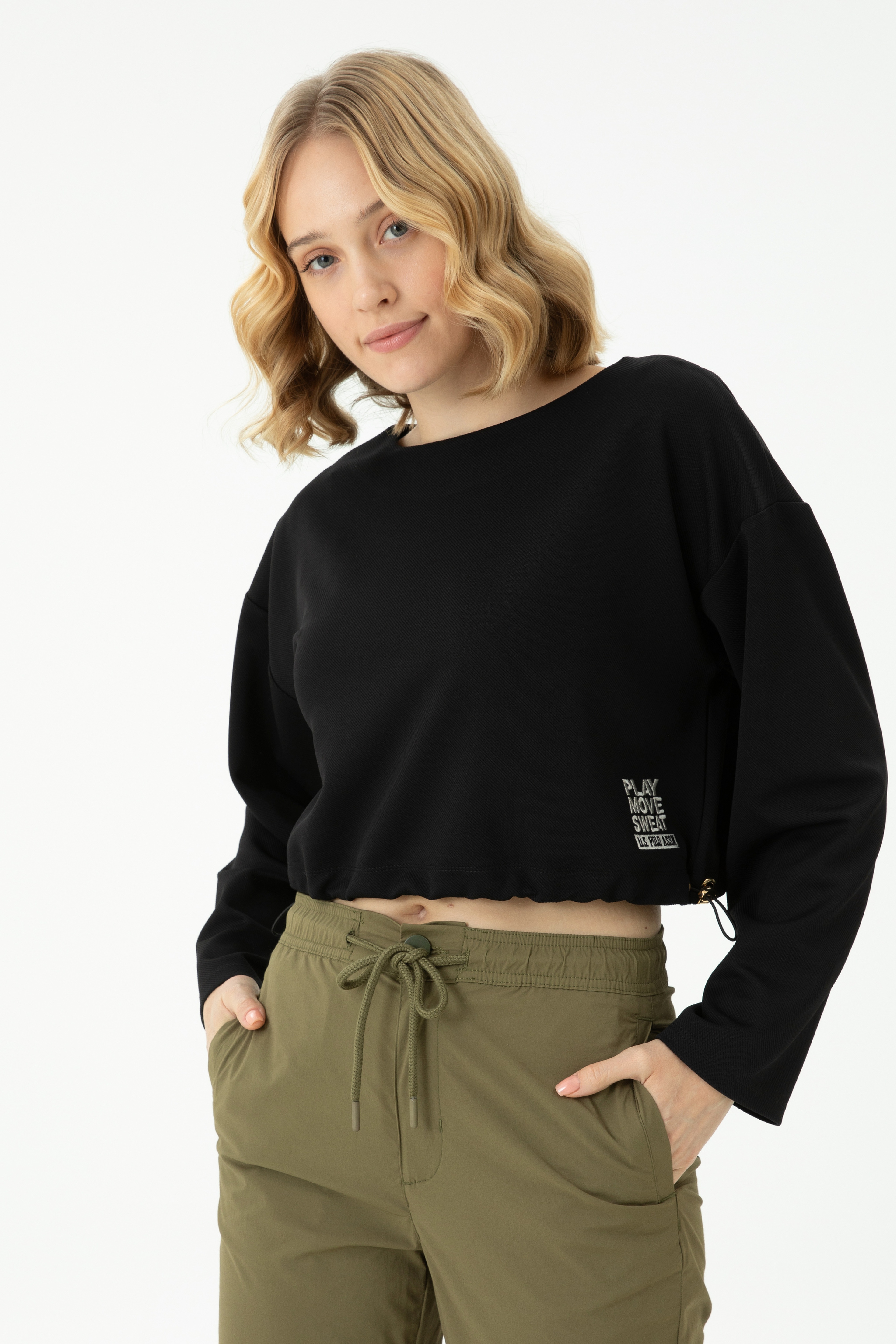 Kadın Siyah Bisiklet Yaka Sweatshirt - Image 1
