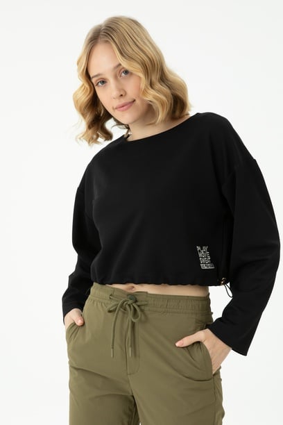 Kadın Siyah Bisiklet Yaka Sweatshirt