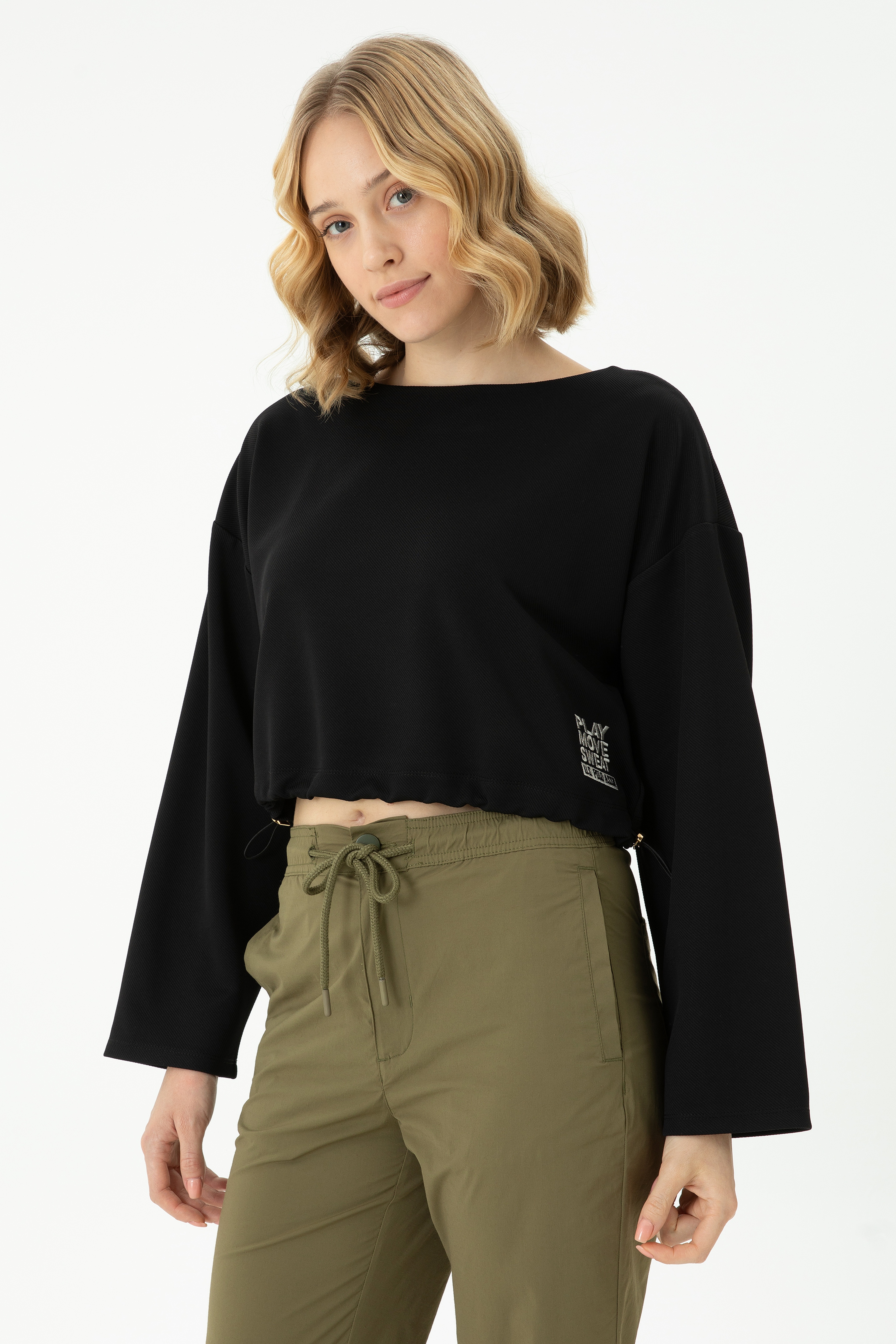 Kadın Siyah Bisiklet Yaka Sweatshirt - Image 3