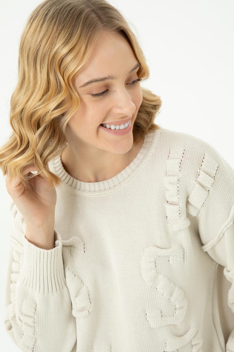 Kadın Krem Bisiklet Yaka Kazak