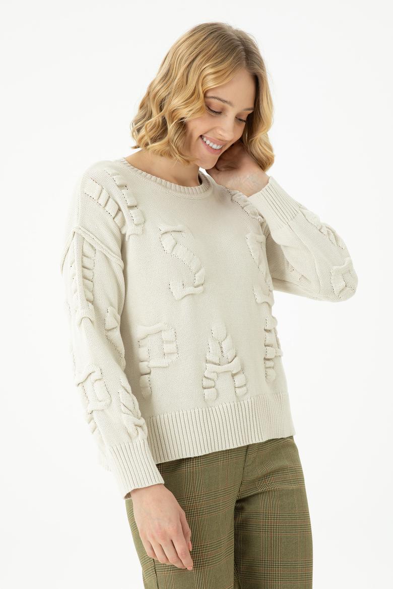 Kadın Krem Bisiklet Yaka Kazak - 50270423028