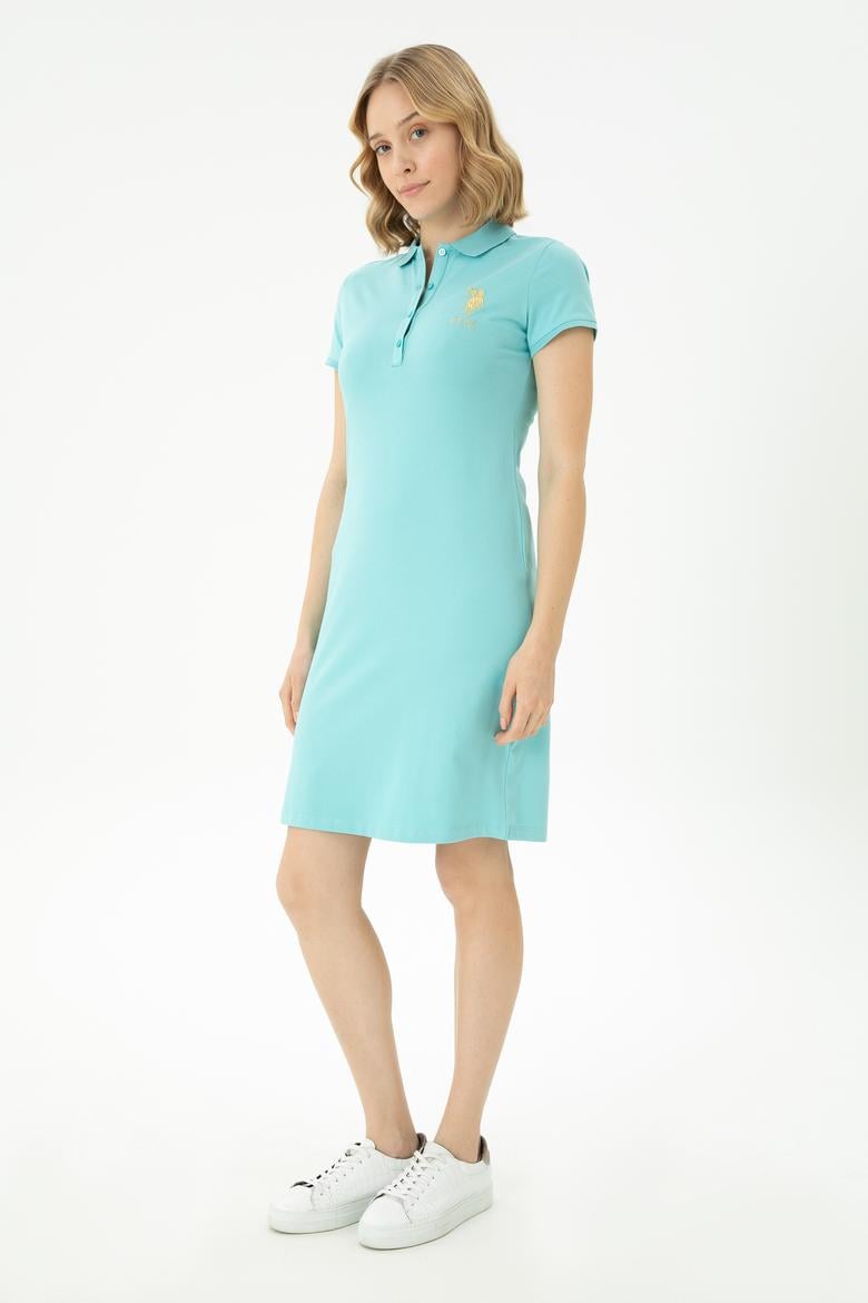 Kadın Su Yeşili Polo Yaka Örme Elbise - 50262696160