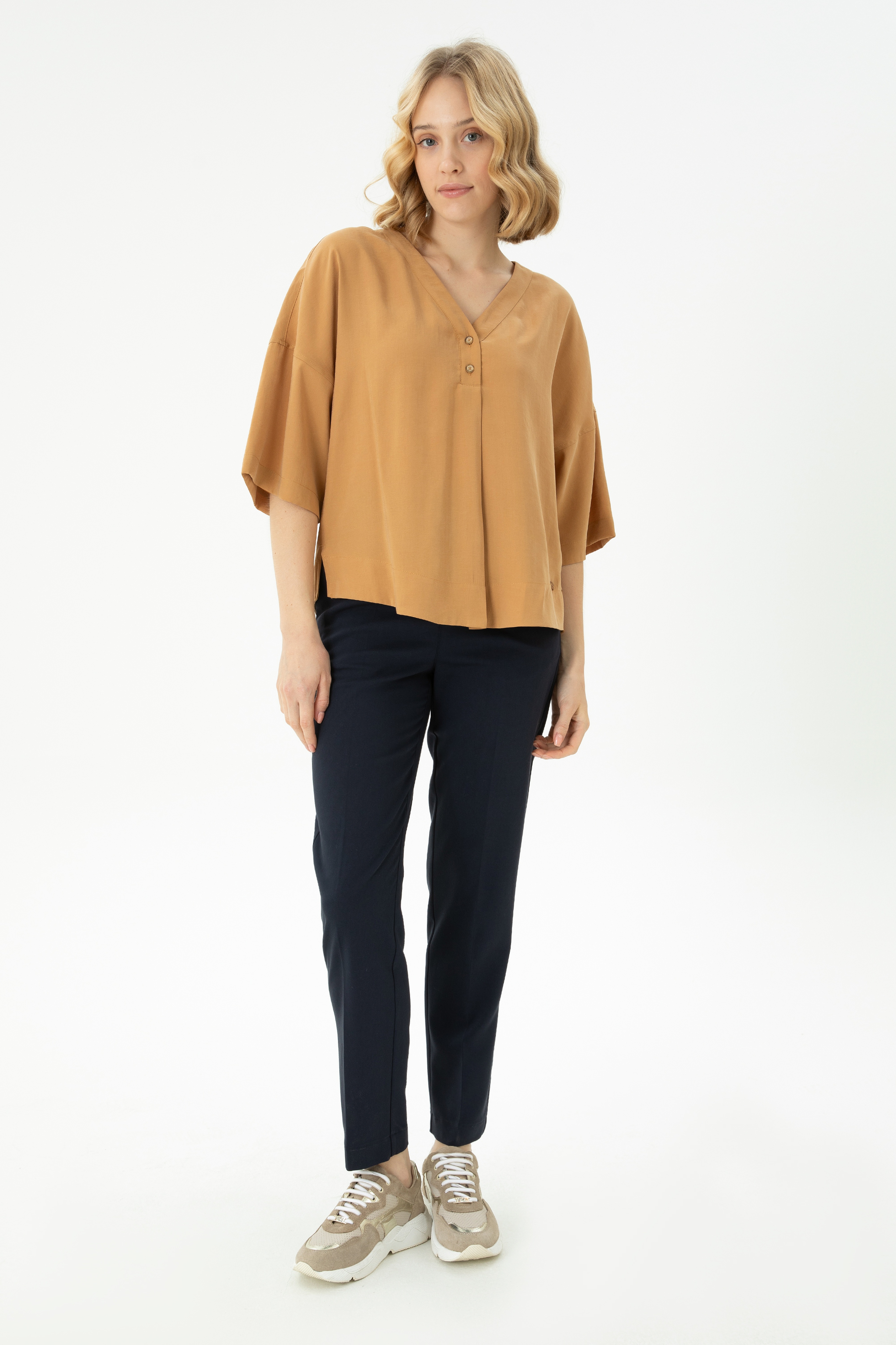 Kadın Camel Kısa Kollu Gömlek - Image 3
