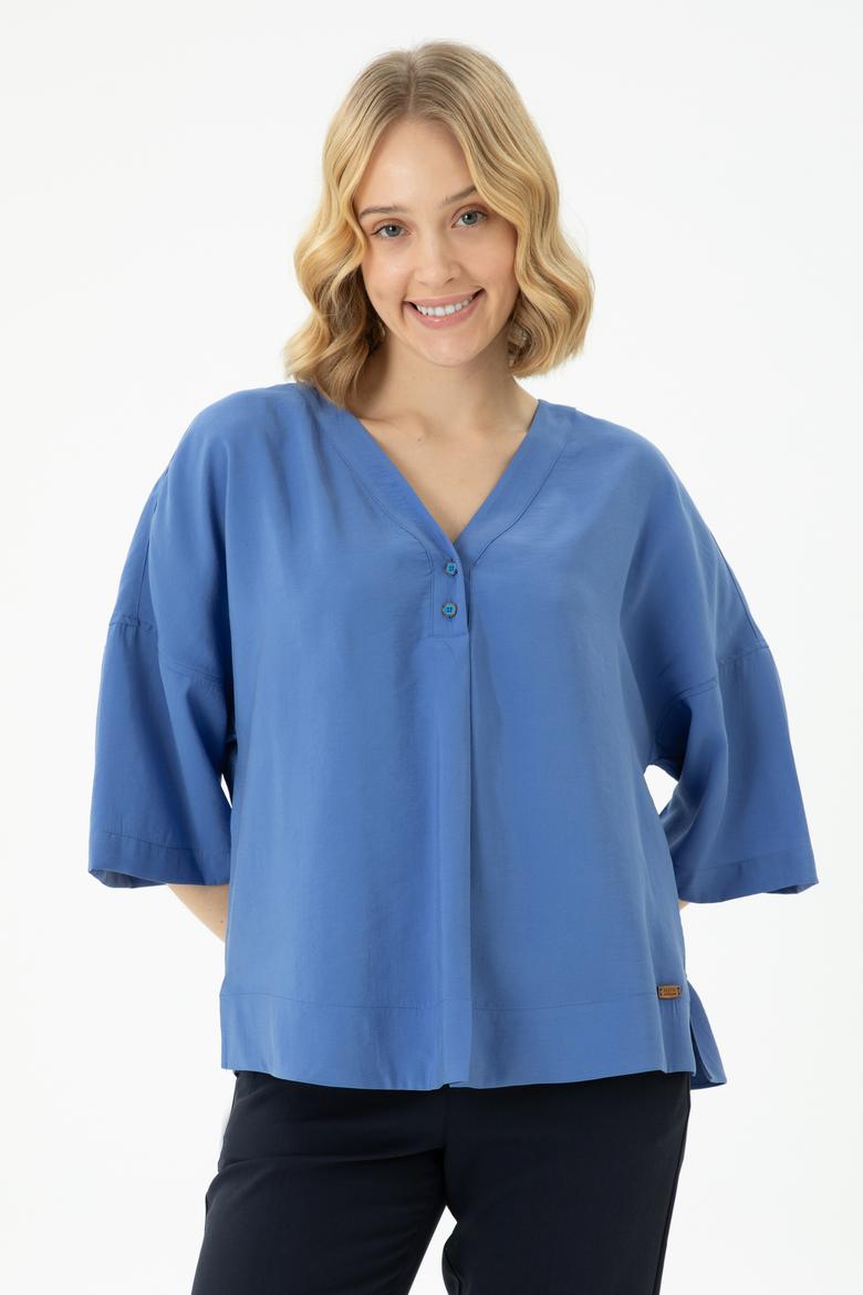 Kadın Saks Kısa Kollu Gömlek