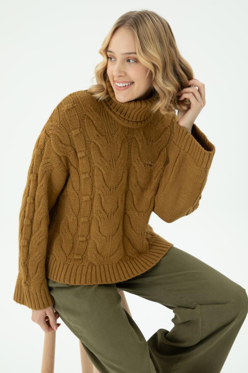 Kadın Açık Haki Balıkçı Yaka Kazak