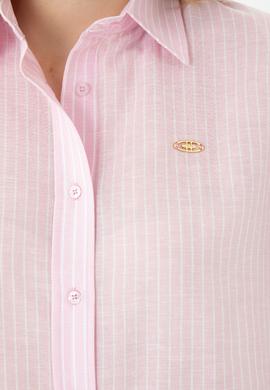 Kadın Pembe Keten Görünümlü Kısa Kollu Çizgili Gömlek - 50263177035