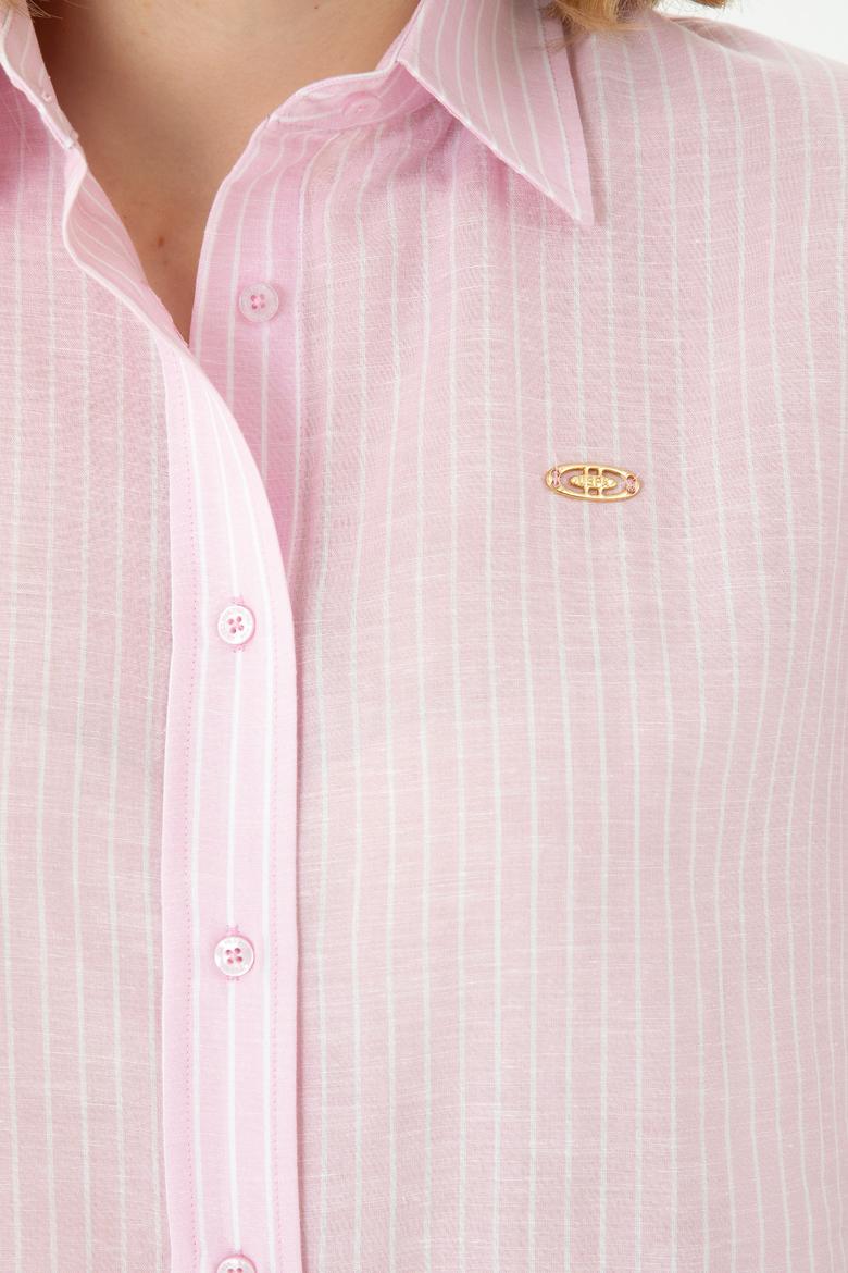 Kadın Pembe Keten Görünümlü Kısa Kollu Çizgili Gömlek - 50263177035