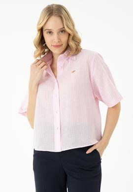 Kadın Pembe Keten Görünümlü Kısa Kollu Çizgili Gömlek - 50263177035