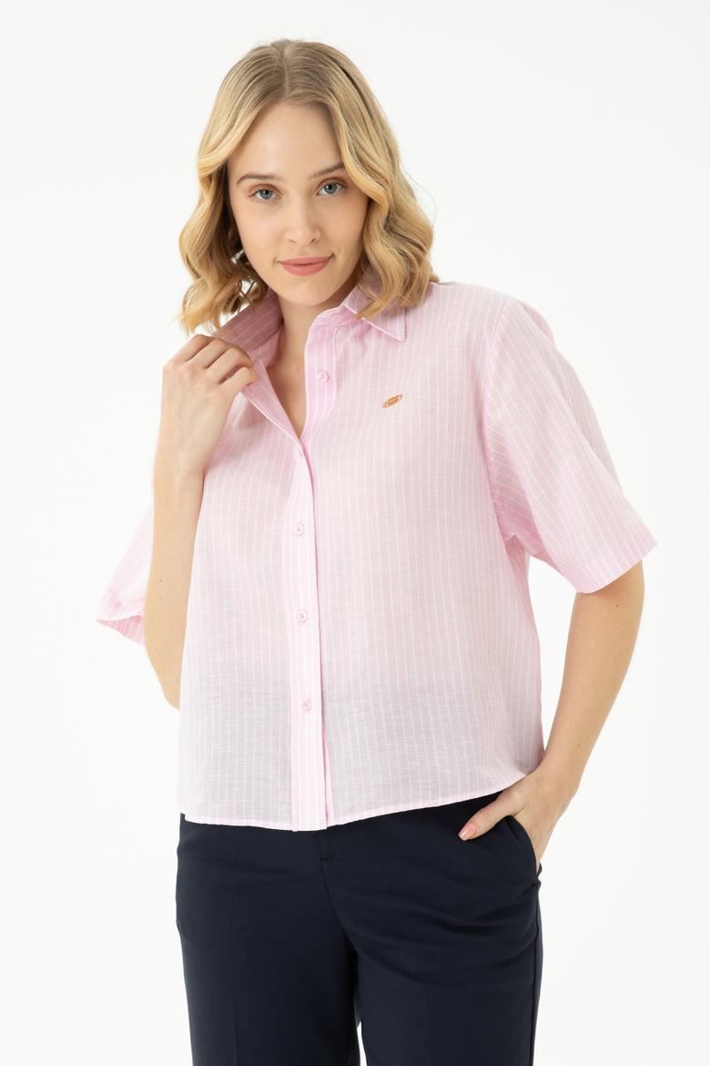 Kadın Pembe Keten Görünümlü Kısa Kollu Çizgili Gömlek - 50263177035