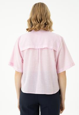 Kadın Pembe Keten Görünümlü Kısa Kollu Çizgili Gömlek - 50263177035