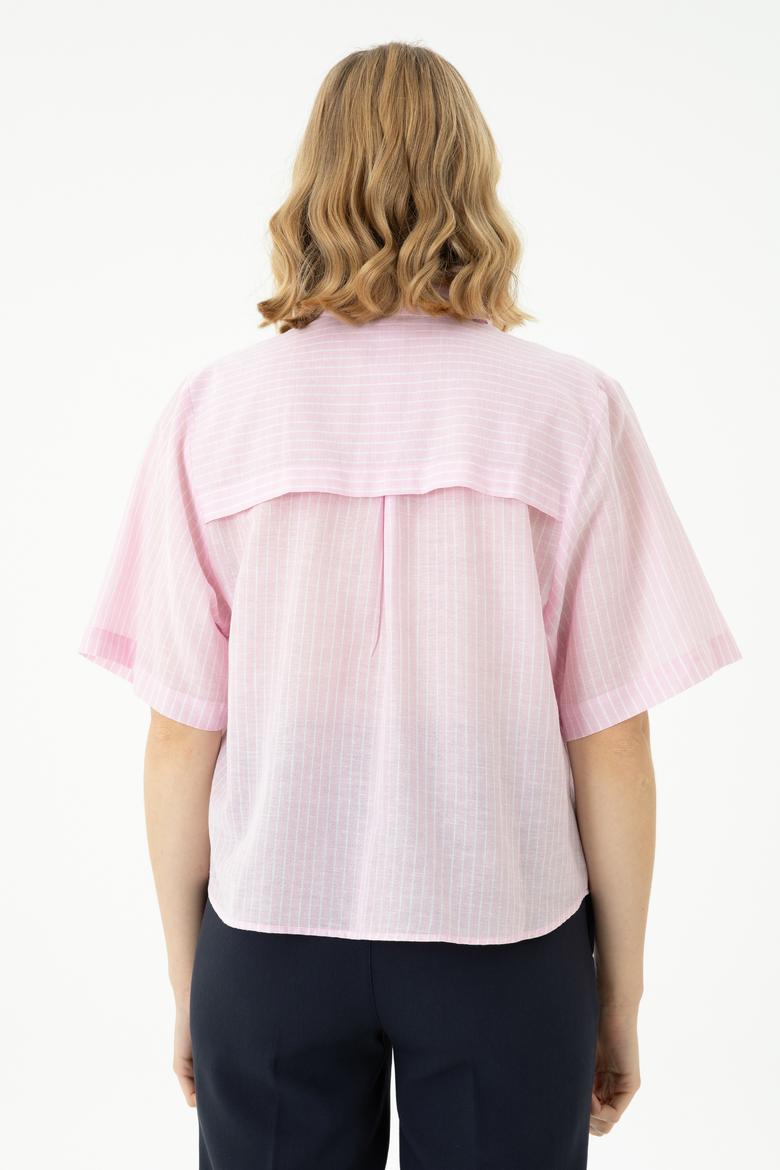 Kadın Pembe Keten Görünümlü Kısa Kollu Çizgili Gömlek - 50263177035