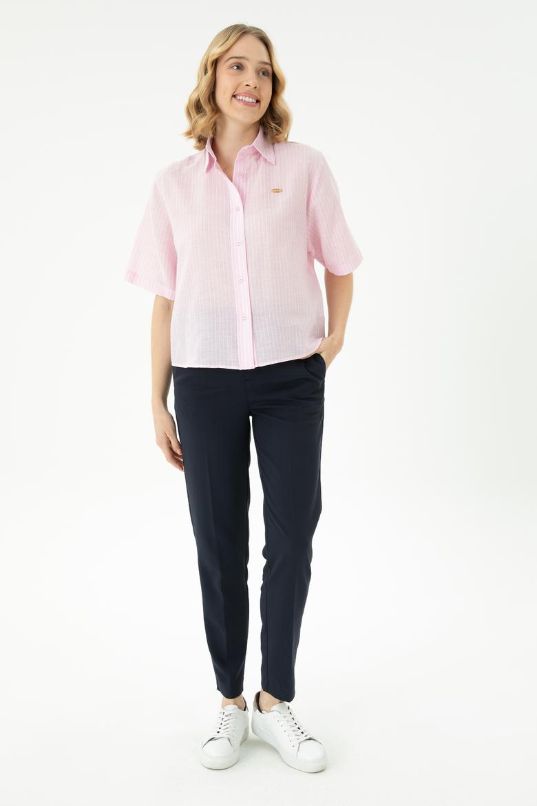 Kadın Pembe Keten Görünümlü Kısa Kollu Çizgili Gömlek - 50263177035