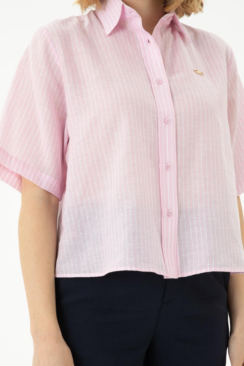 Kadın Pembe Keten Görünümlü Kısa Kollu Çizgili Gömlek - 50263177035