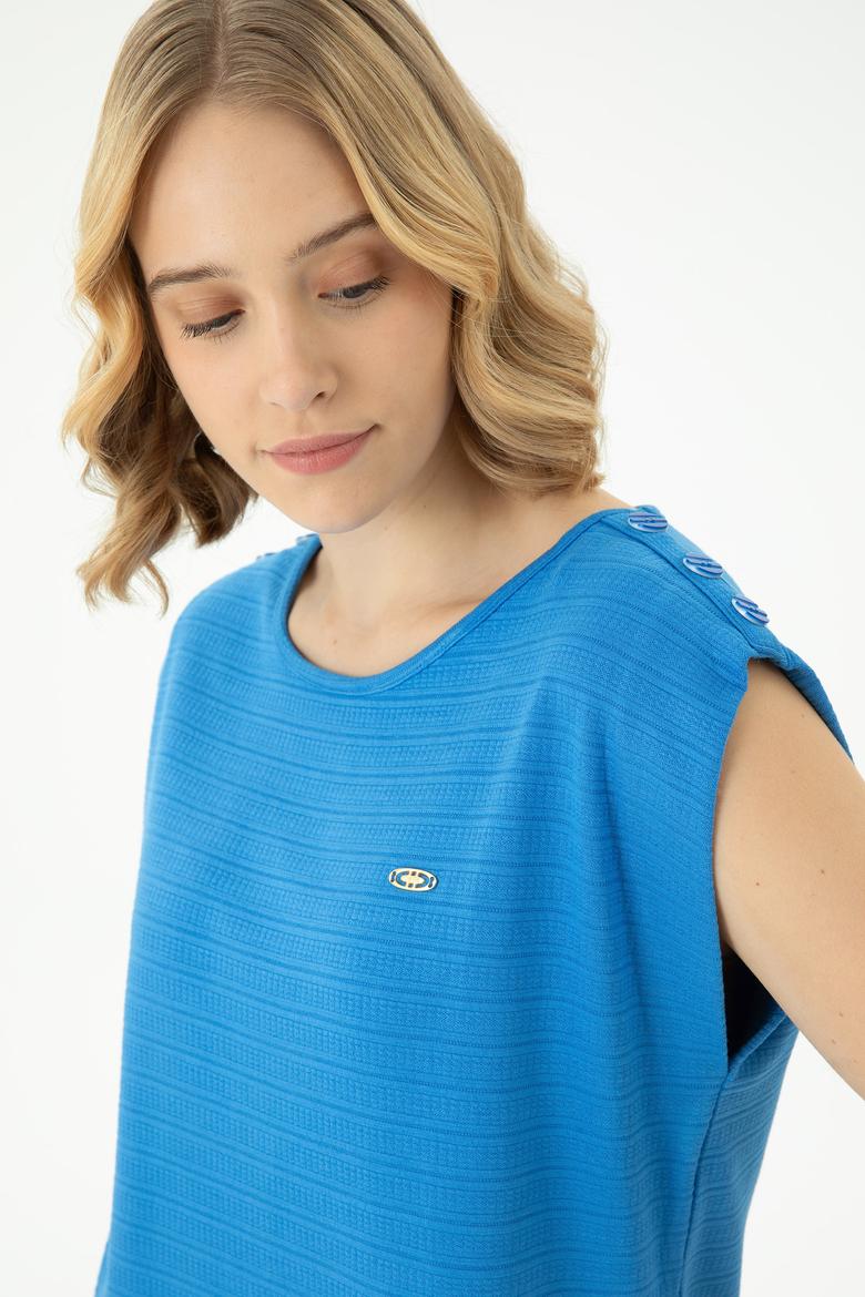 Kadın Saks Bisiklet Yaka Tişört - 50263790044