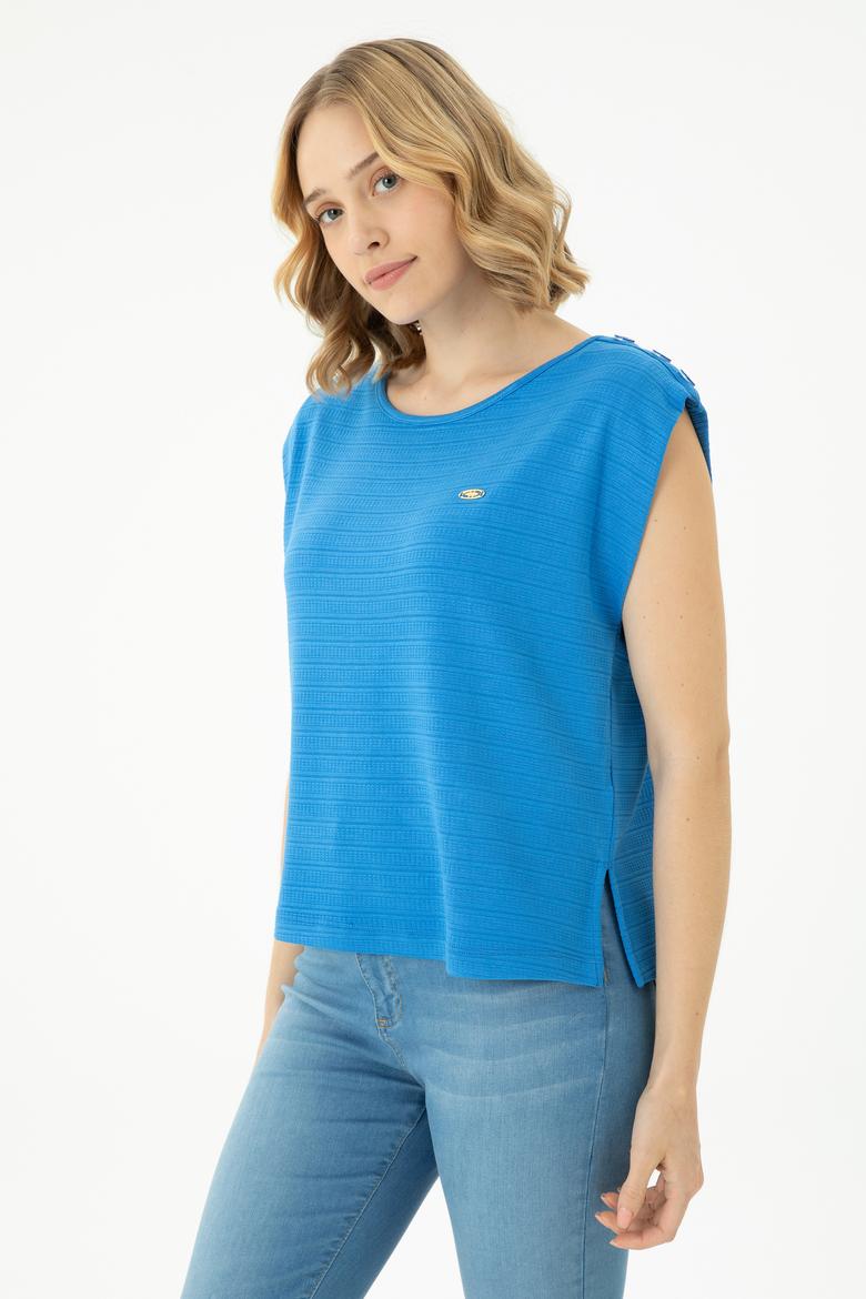 Kadın Saks Bisiklet Yaka Tişört - 50263790044