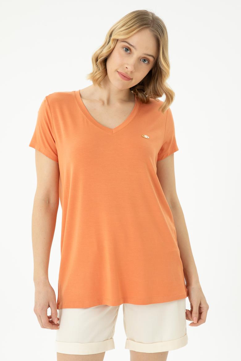 Kadın Kiremit Basic V Yaka Tişört - 50262610143