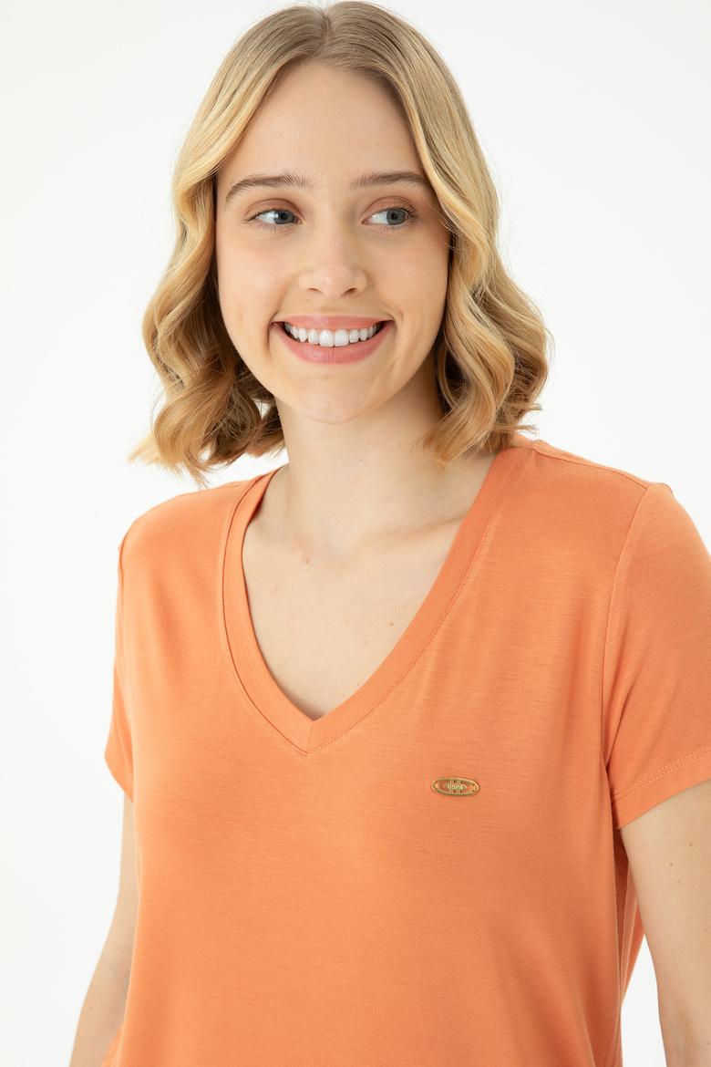 Kadın Kiremit Basic V Yaka Tişört