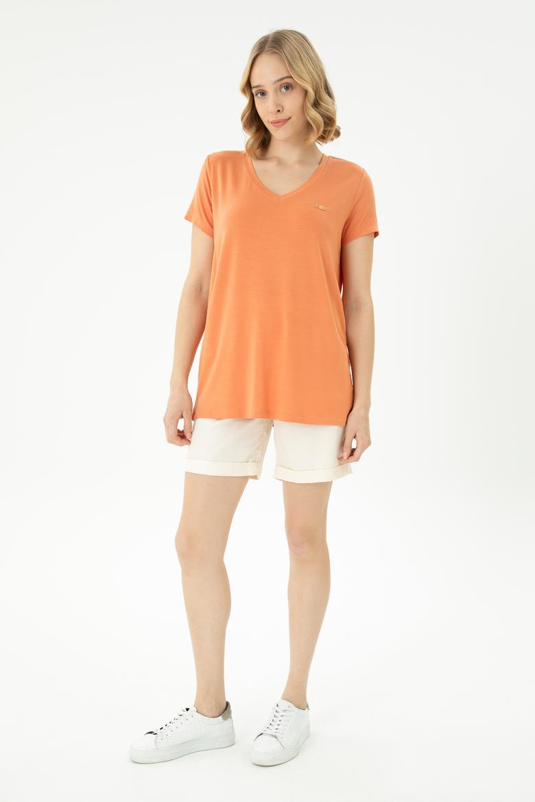 Kadın Kiremit Basic V Yaka Tişört - 50262610143