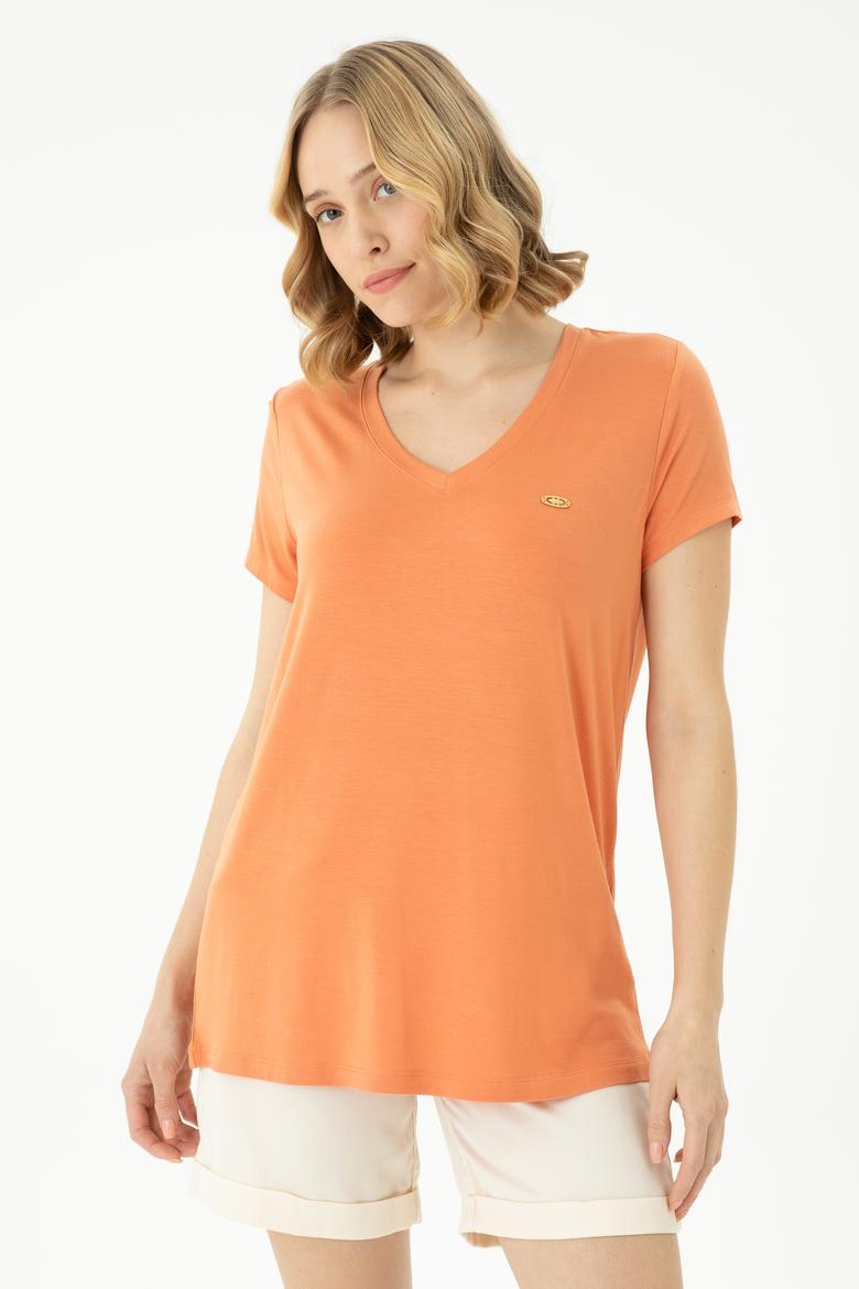 Kadın Kiremit Basic V Yaka Tişört - 50262610143