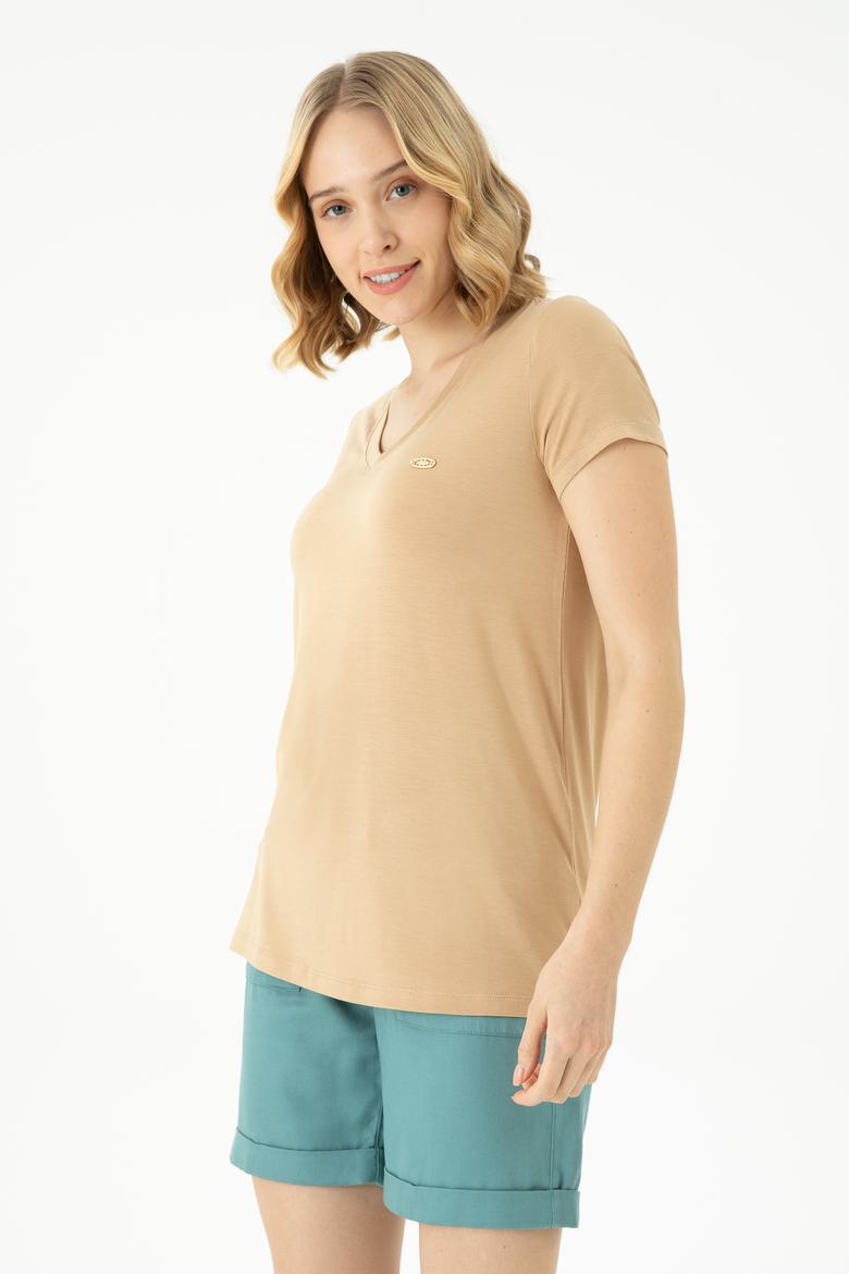 Kadın Camel Basic V Yaka Tişört - 50262610133