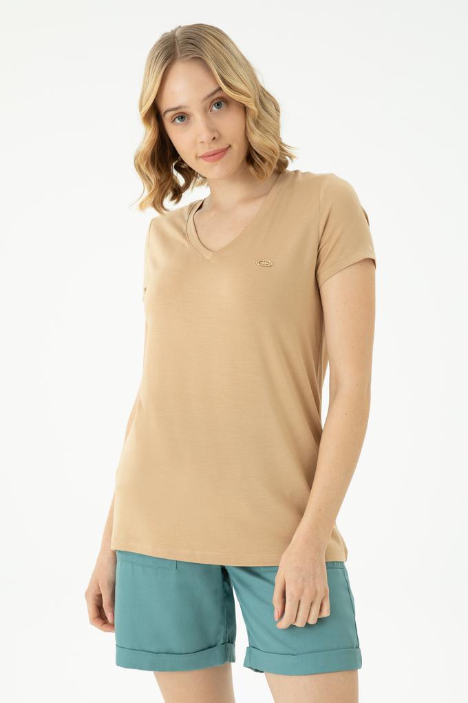 Kadın Camel Basic V Yaka Tişört