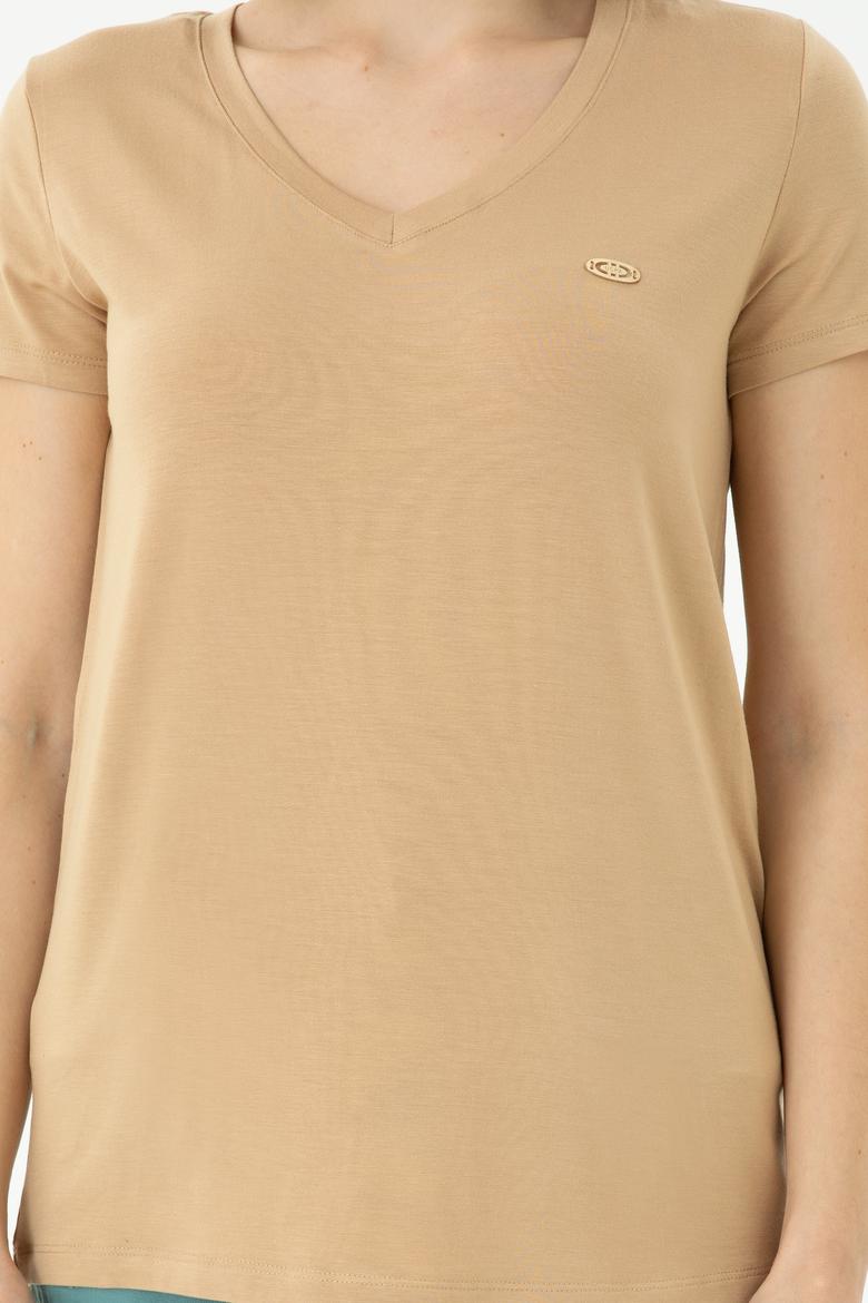 Kadın Camel Basic V Yaka Tişört - 50262610133