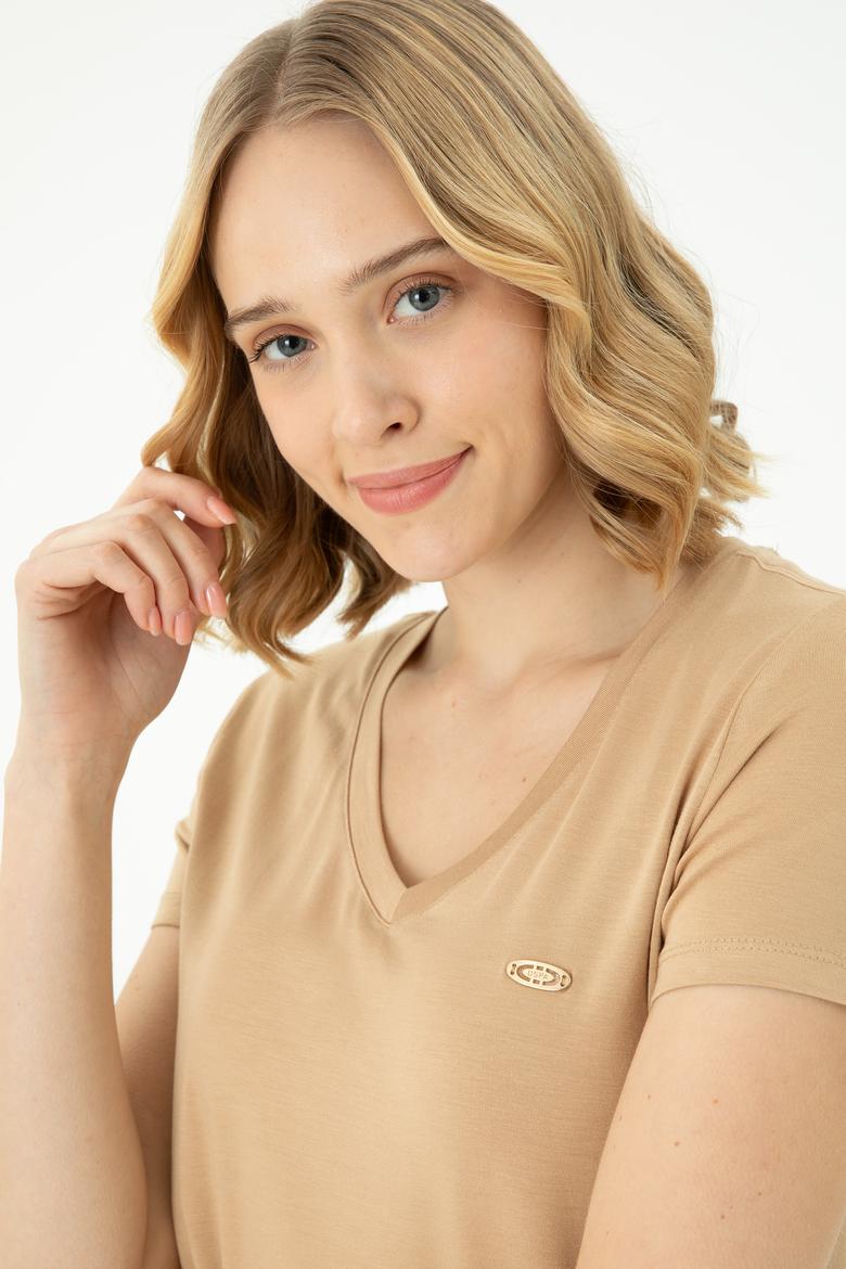 Kadın Camel Basic V Yaka Tişört - 50262610133
