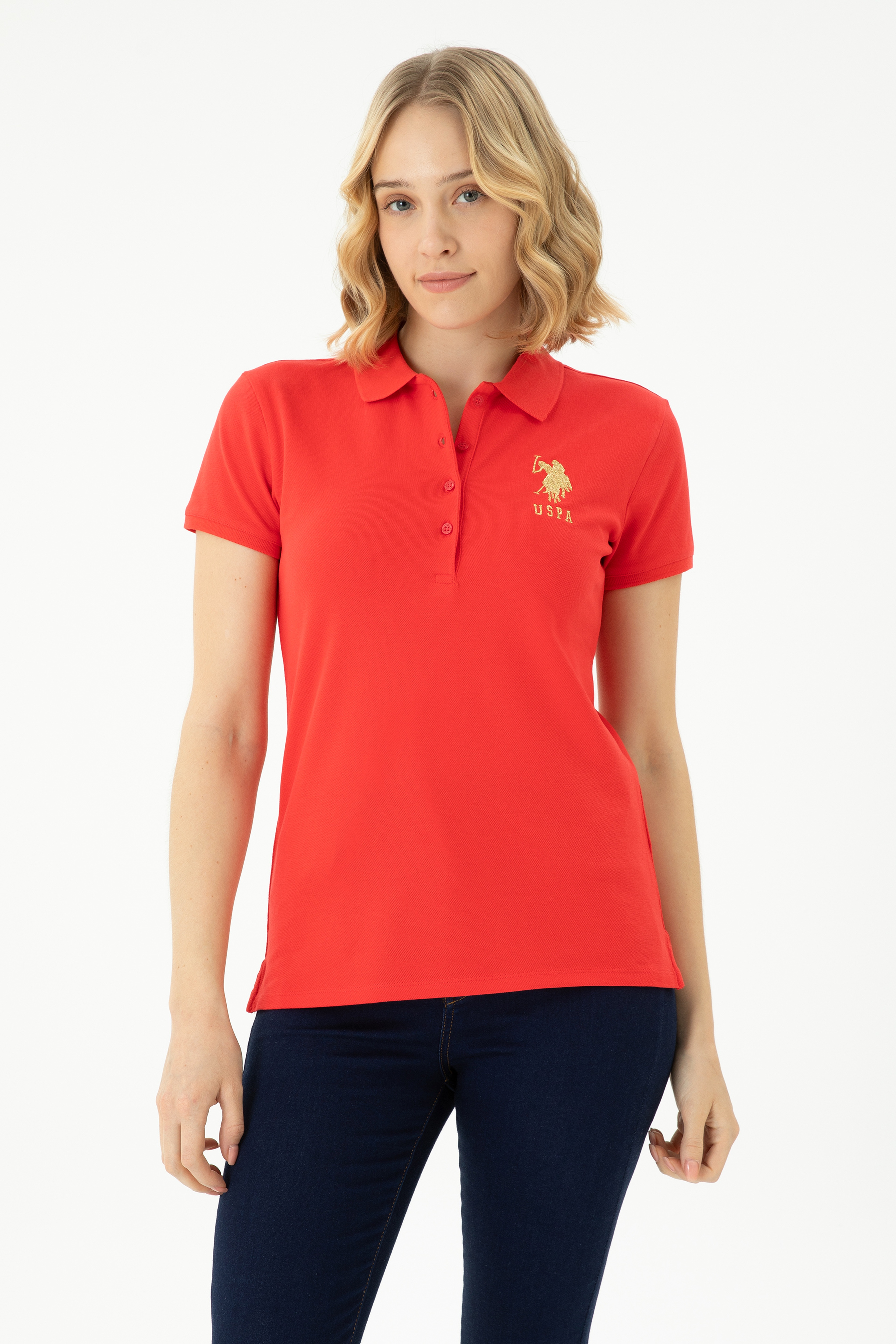 Kadın Kırmızı Basic Polo Yaka Tişört - Image 1