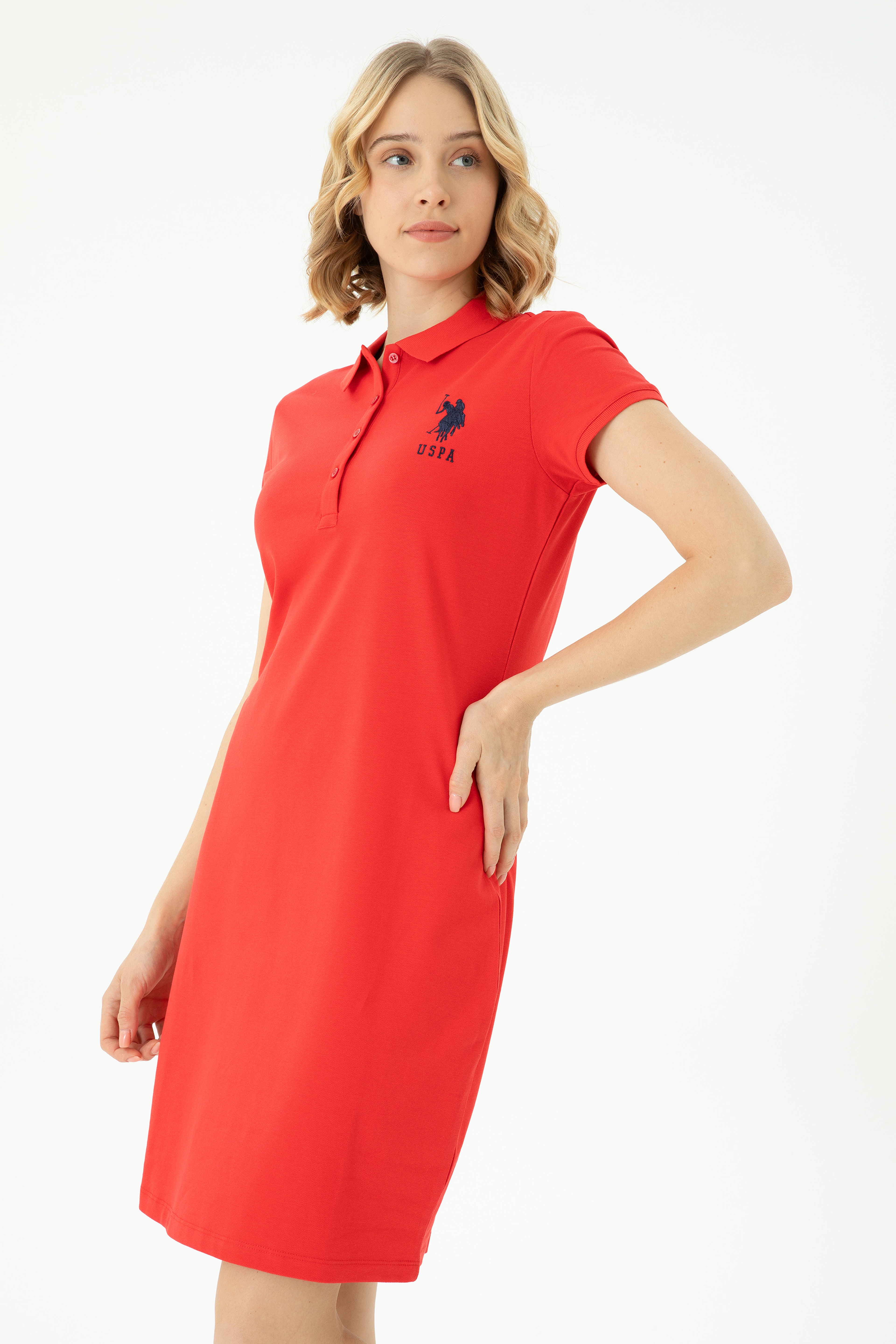 Kadın Kırmızı Polo Yaka Örme Elbise - Image 2