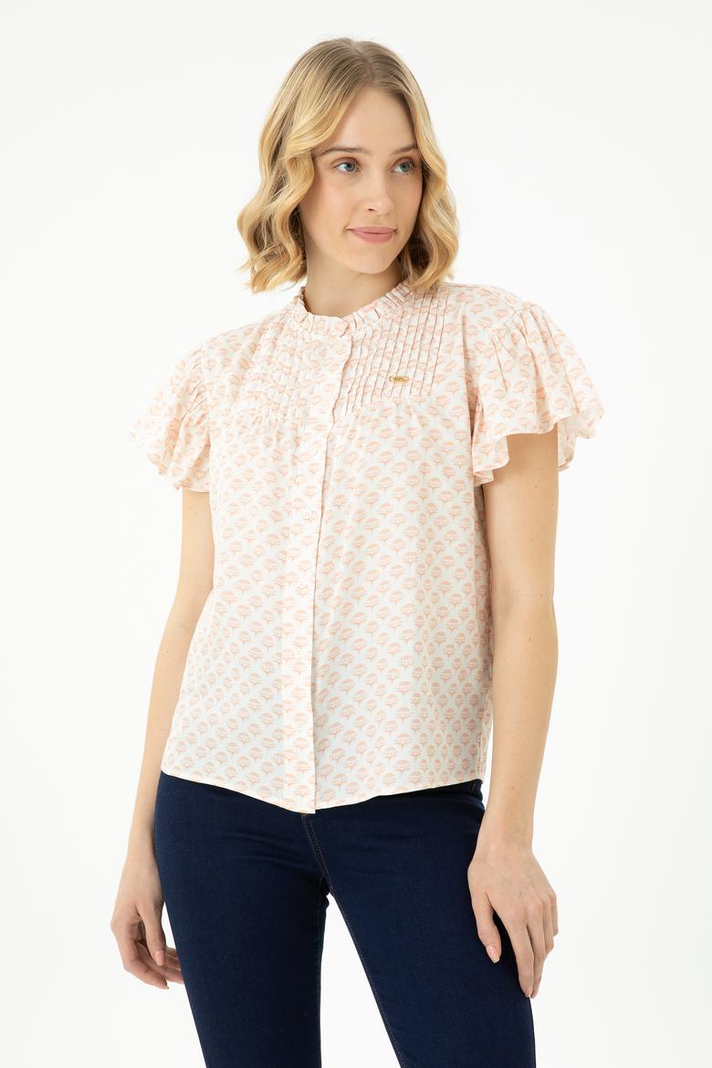 Kadın Ekru Kısa Kollu Gömlek - 50264207019