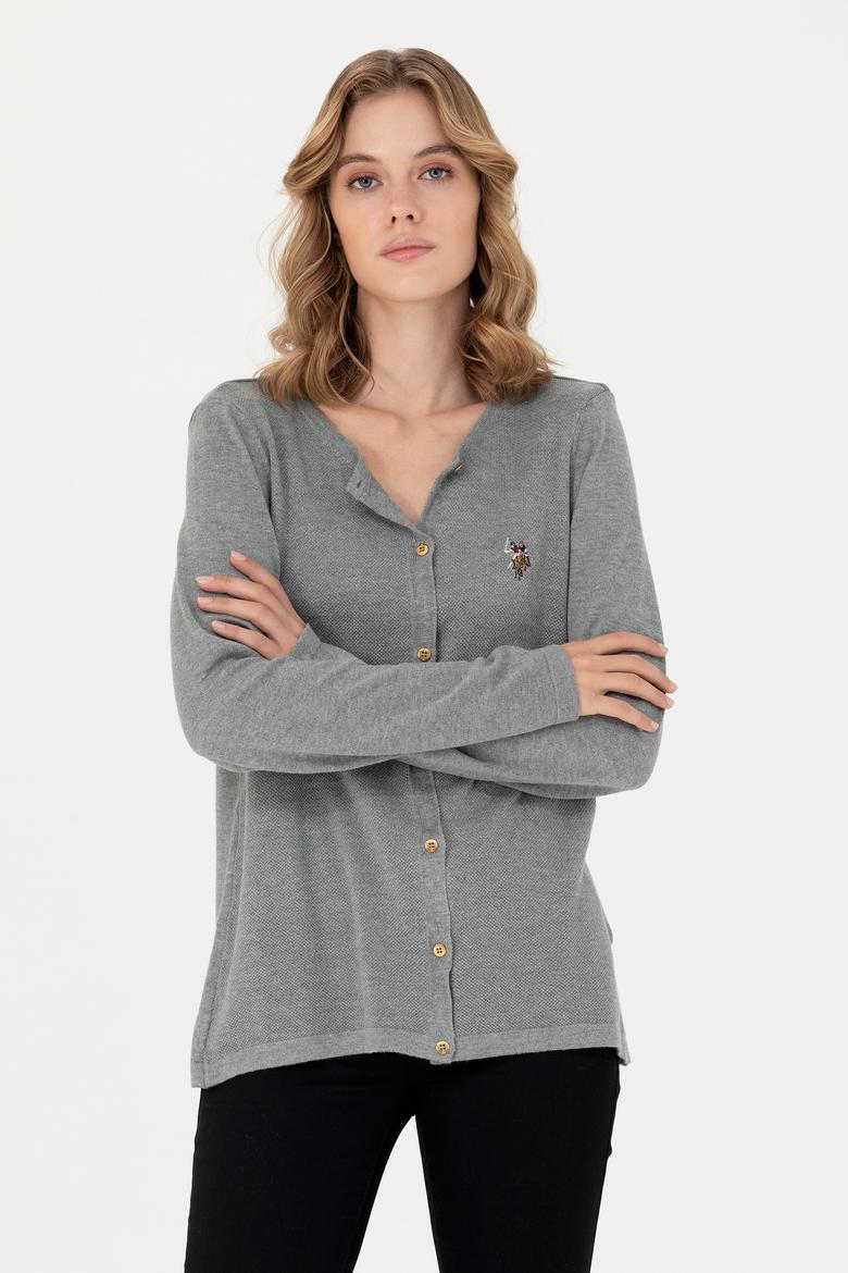 Kadın Gri Melanj Basic Triko Hırka - 50269008021