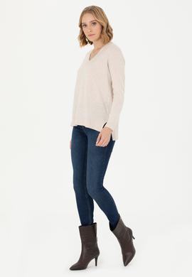 Kadın Krem Melanj V Yaka Basic Kazak - 50269016005