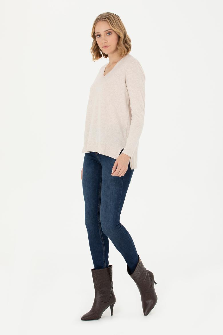 Kadın Krem Melanj V Yaka Basic Kazak - 50269016005