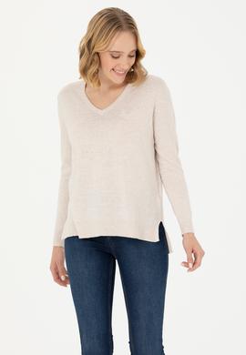 Kadın Krem Melanj V Yaka Basic Kazak - 50269016005