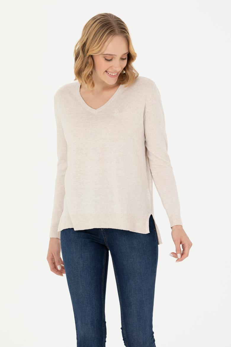 Kadın Krem Melanj V Yaka Basic Kazak
